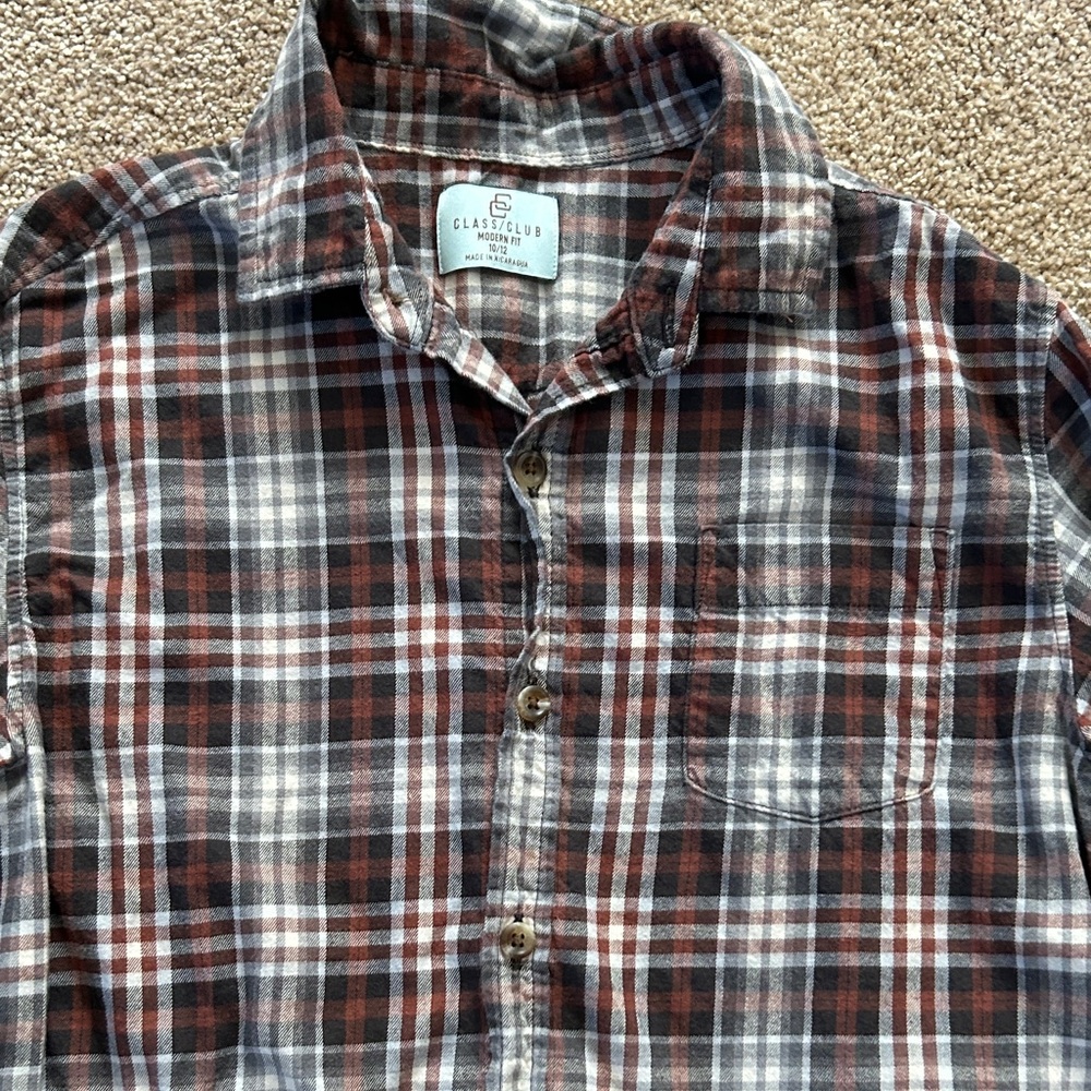 Class Club Kid's 10/12 Casual Plaid Shirt - Brown and White